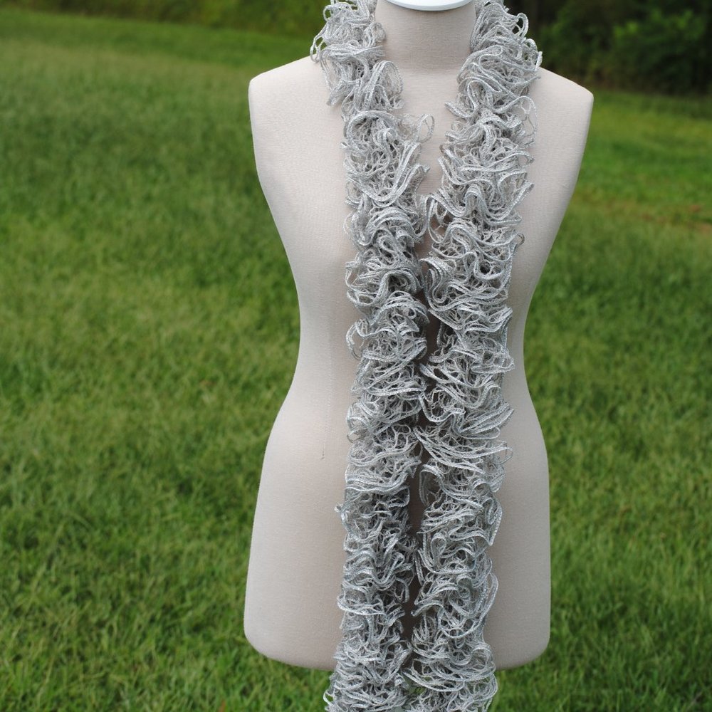 Crochet Gray with Silver Lining Ruffle Scarf/New